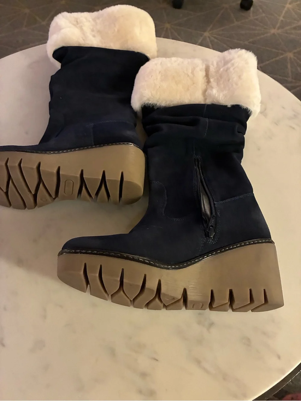 NWOT VINTAGE FOUNDRY COMPANY Arabella Wedge Boots in Navy Suede Size 8